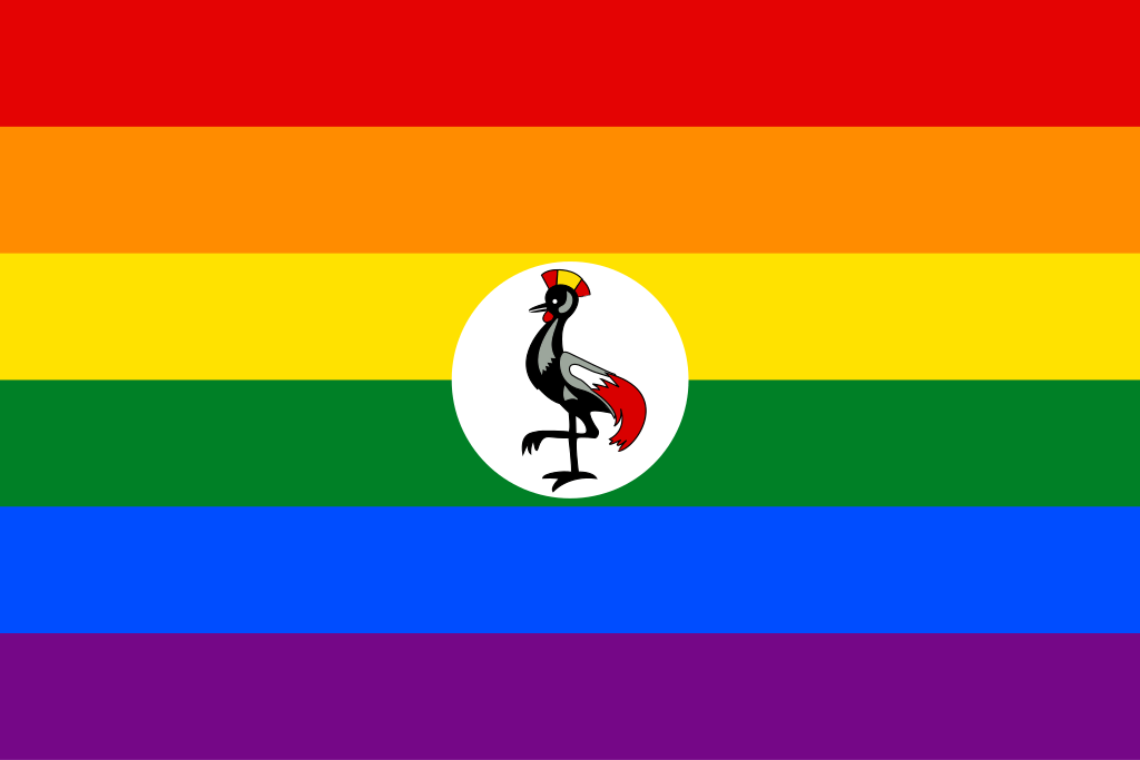 Regenbogenflagge mit grauem Kranich aus der ugandischen Flagge in der Mitte.