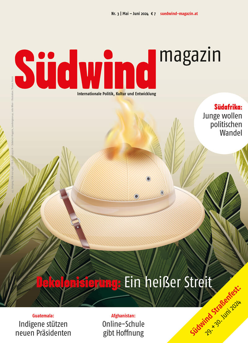 Das Cover zeigt eine Illustration eines brennenden Tropenhuts. Im Hintergrund Palmenblätter
