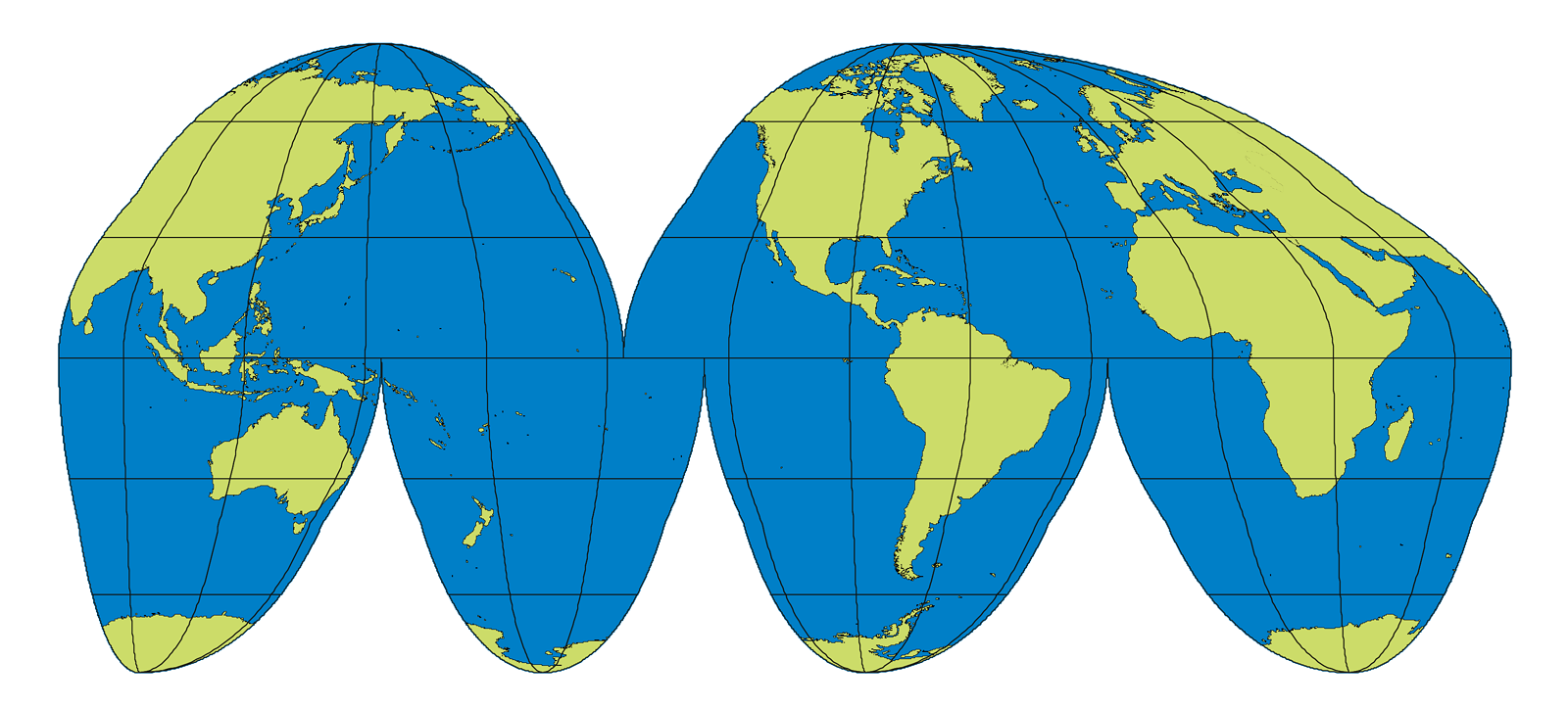 Weltkarte von John Paul Goode (1862-1932) die in der Mitte von Ozeanen unterbrochen ist um insgesamt Verzerrungen zu reduzieren