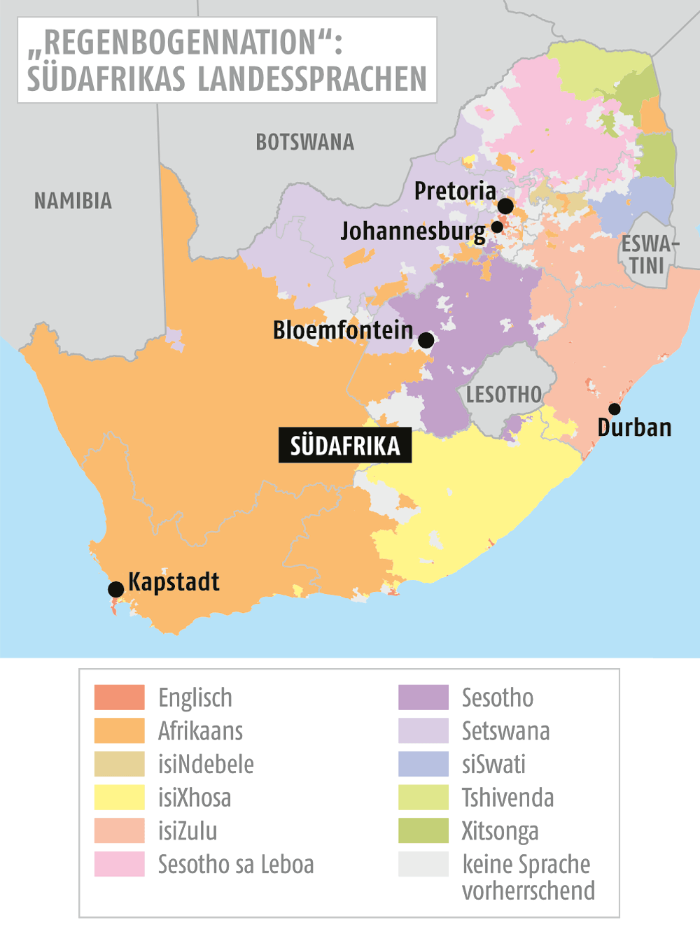 Landkarte Südafrikas, die zeigt wo welche Sprache(n) gesporchen werden