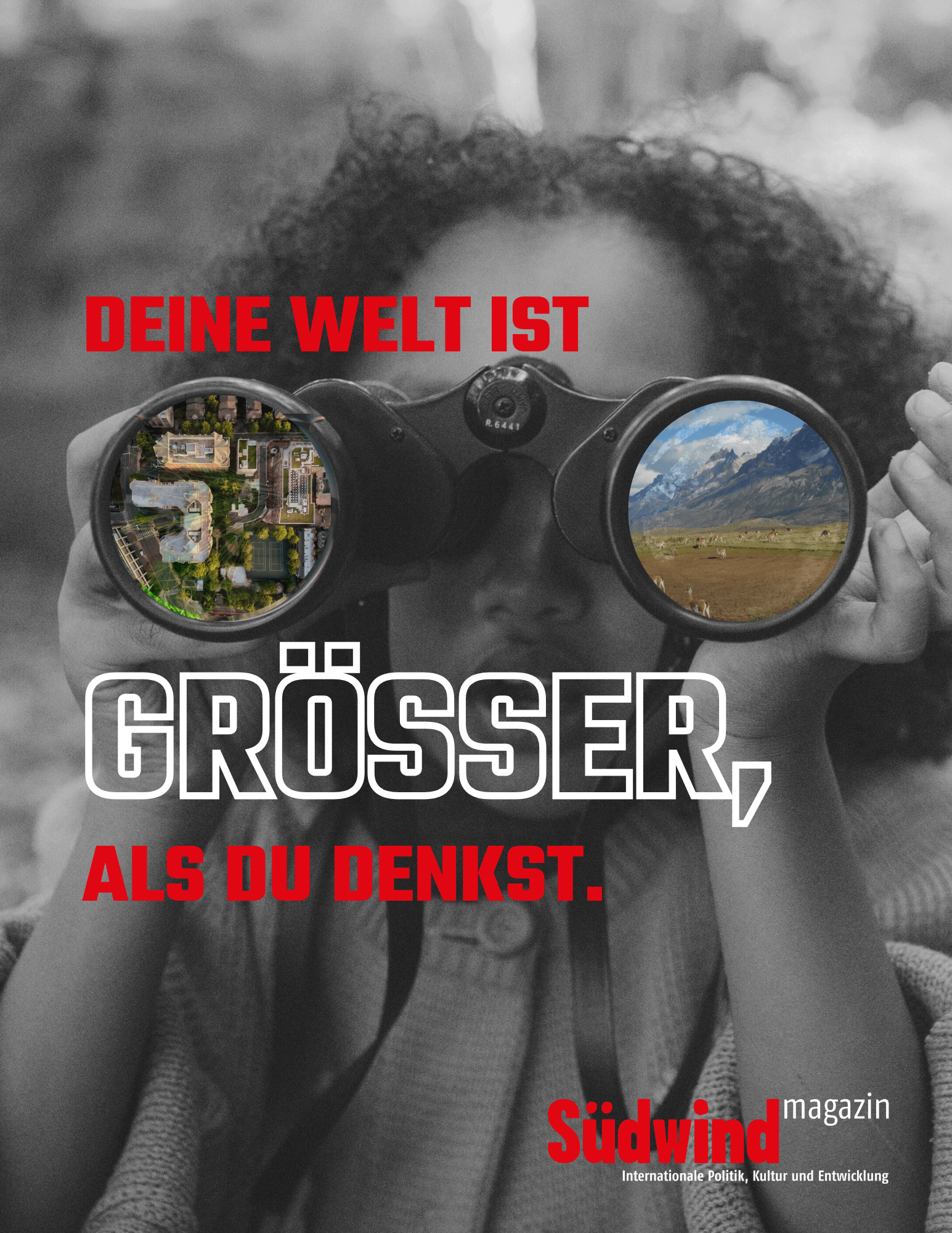 Südwind-Magazin: Deine Welt ist grösser, als du denkst; Schwarz-Weiß-Foto Mädchen mit Fernglas