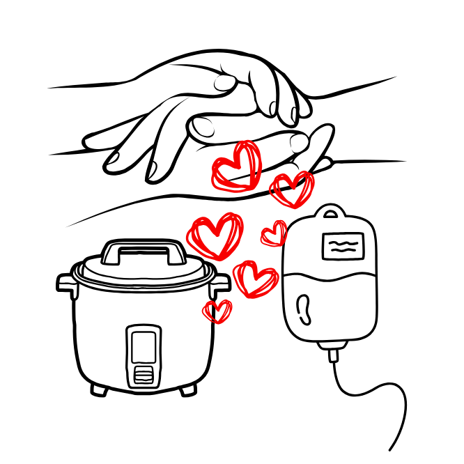 Illustration von Händen, Reiskocher, Herzen und Infusion