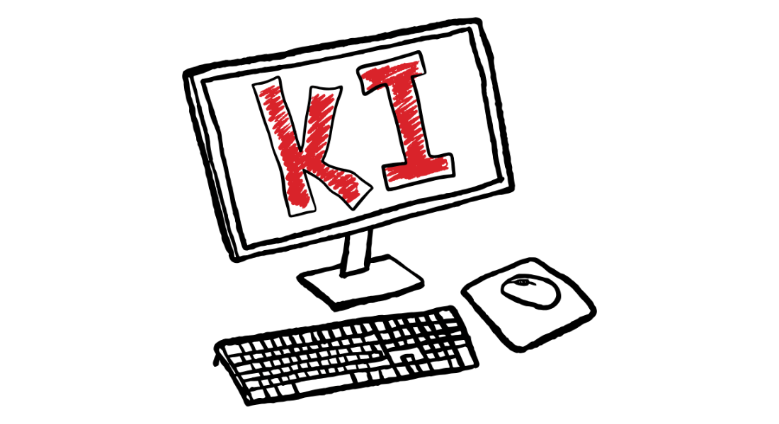 Zeichnung eines Computers mit den Buchstaben KI, Kürzel für Künstliche Intelligenz am Bildschrim