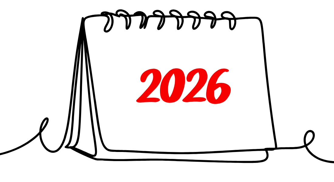 Gezeichneter Stehkalender mit 2026 in roter Schrift auf dem Deckblatt