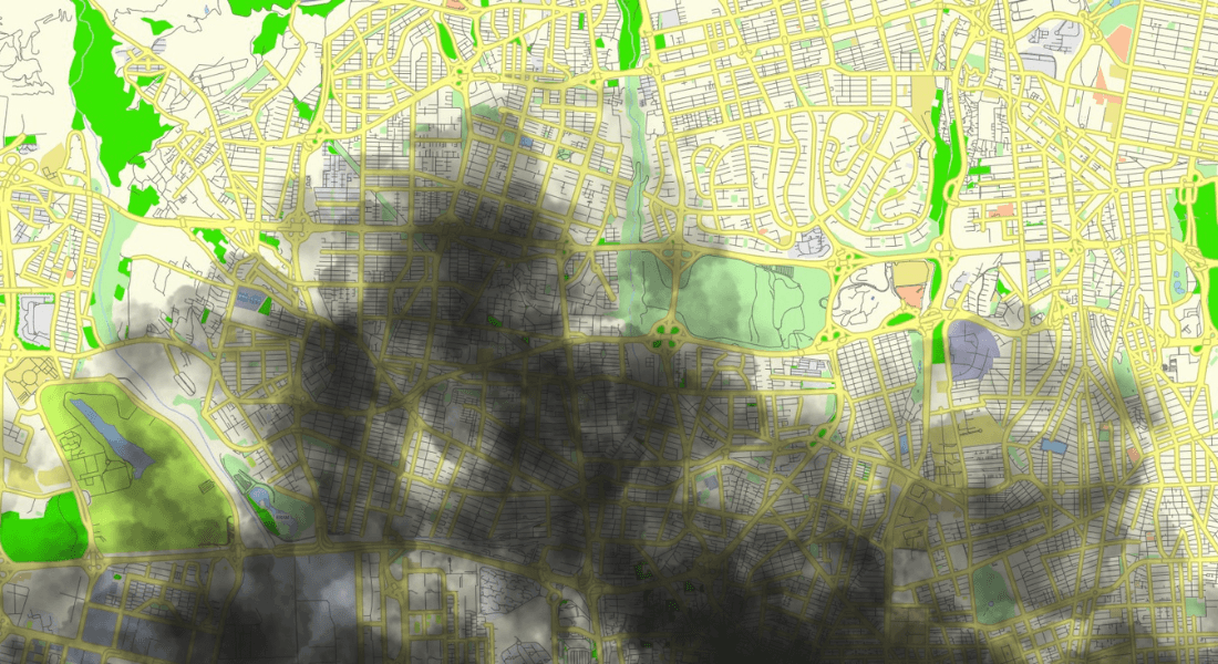 Straßenkarte von Teheran mit Rauchwolke darüber