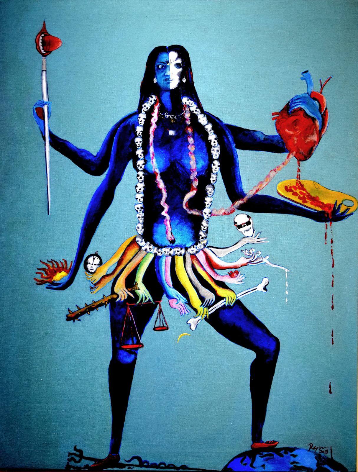 Bild von Ragini Upadhyaya, das Kali die Göttin des Todes und der Zerstörung. Es symbolisiert ihre Wut am System und zeigt, wie sie zur Kämpferin wurde