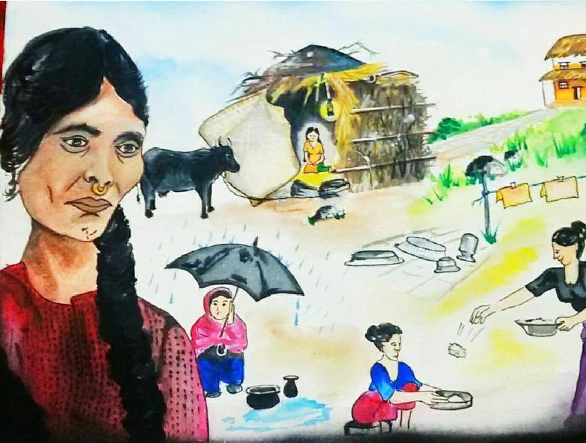 Bild von Ragini Upadhyaya, mit dem sie illustriert, wie junge Mädchen bei ihrer ersten Menstruation wie Tiere weggesperrt werden