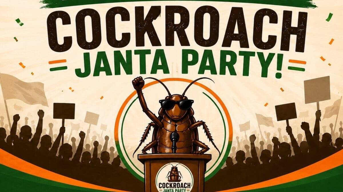 Logo der indischen Cockroach Janta Party mit einer komikhaft gezeichneten Kakerlake an einem Redepult